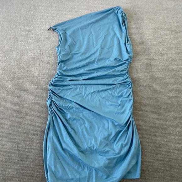 Reformation Izara Knit Mini Dress Women M Capri Blue Asymmetrical Top Ruched - Picture 2 of 9